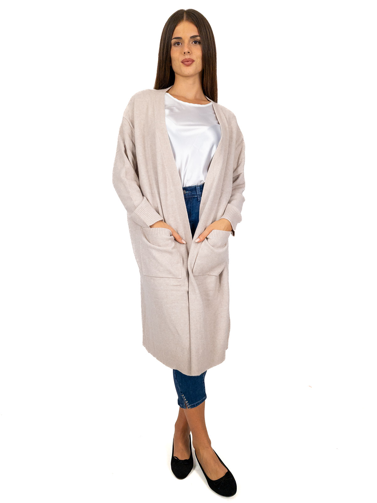 Cardigan lungo donna taglie comode invernale con tasche aperto