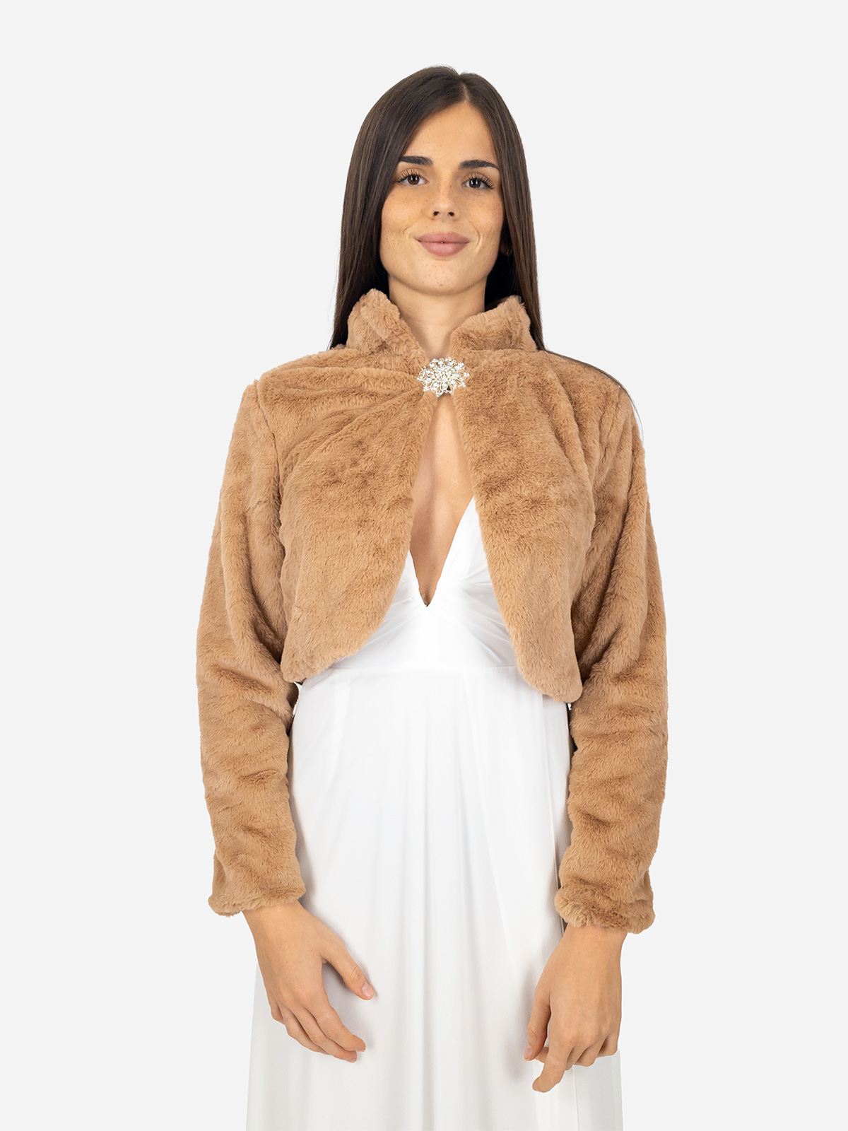 Elegant short faux fur jacket with decorative brooch