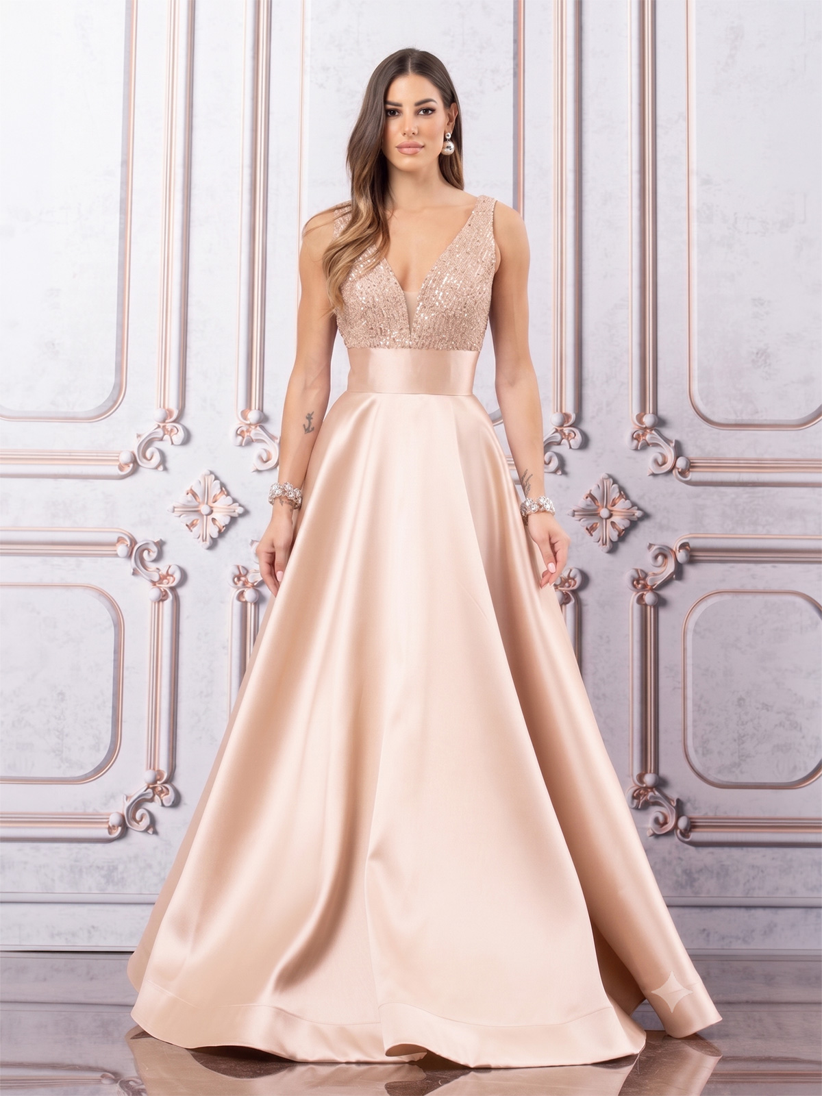 Long Formal Ceremony Dress with Embellished Bodice and Mikado Skirt