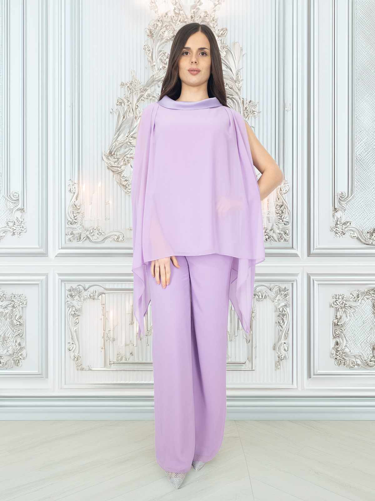 Completo Donna in Chiffon con Casacca Effetto Mantella e Pantalone Elegante