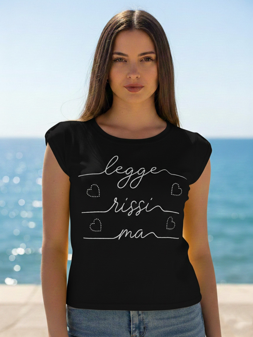 T-shirt Donna Corta in Viscosa con Scritta Manica Corta