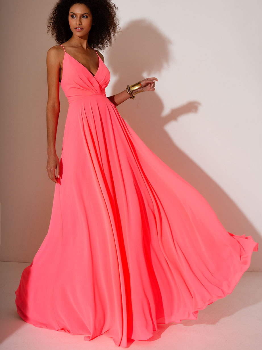 Abito lungo cerimonia elegante stile impero con scollo a V