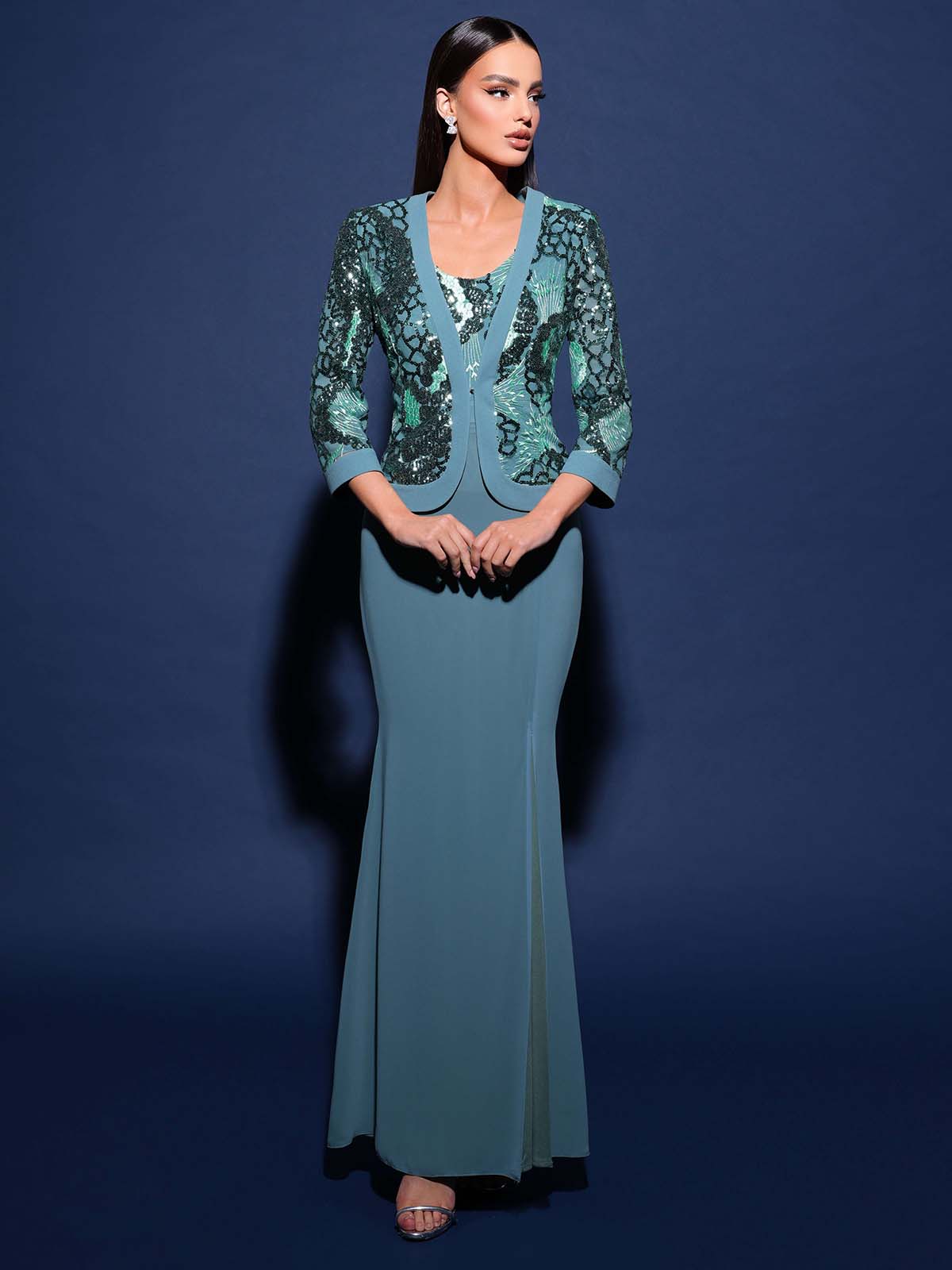 Abito Lungo Cerimonia Donna Vestito Elegante con Giacca