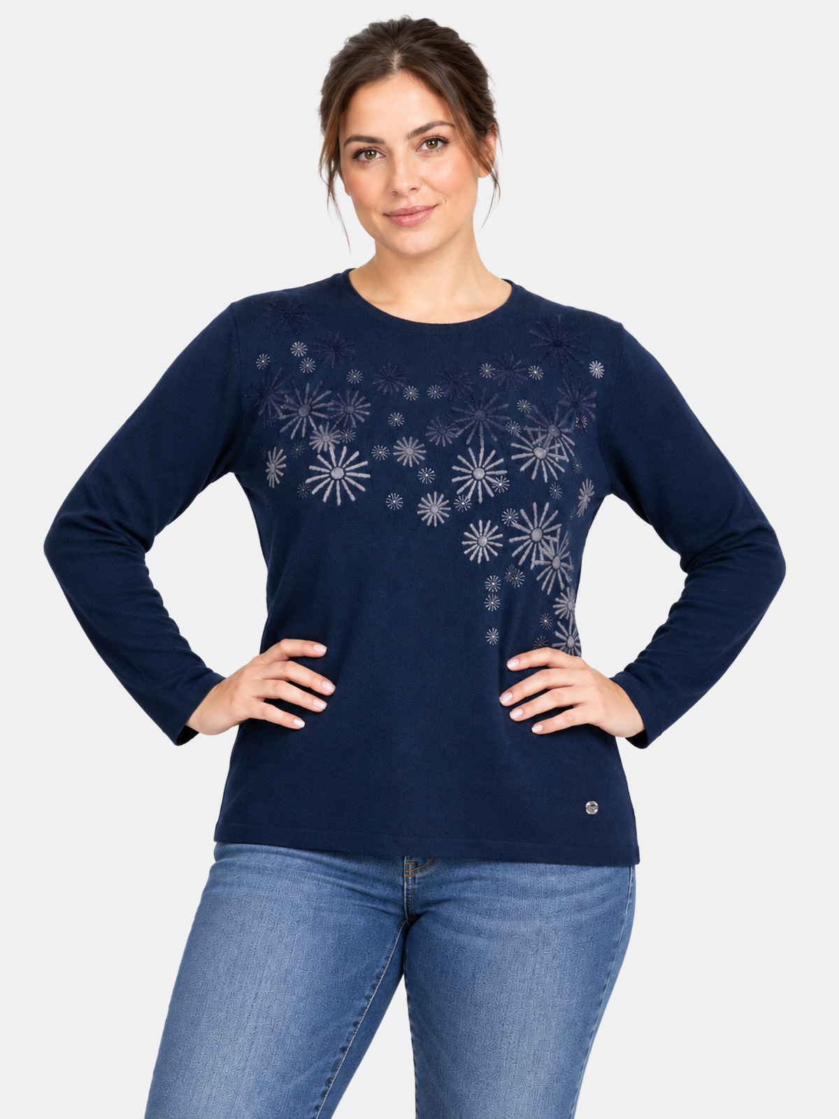 Maglia girocollo con decoro frontale in velluto e glitter