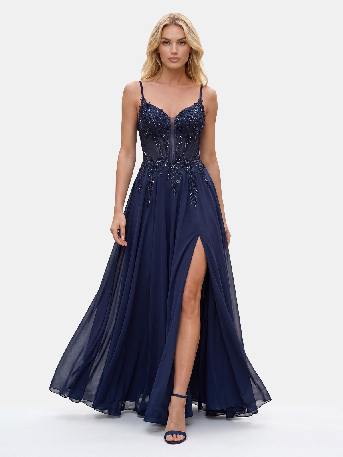 Abito Lungo Elegante in Chiffon con Corpetto Lavorato 26015F