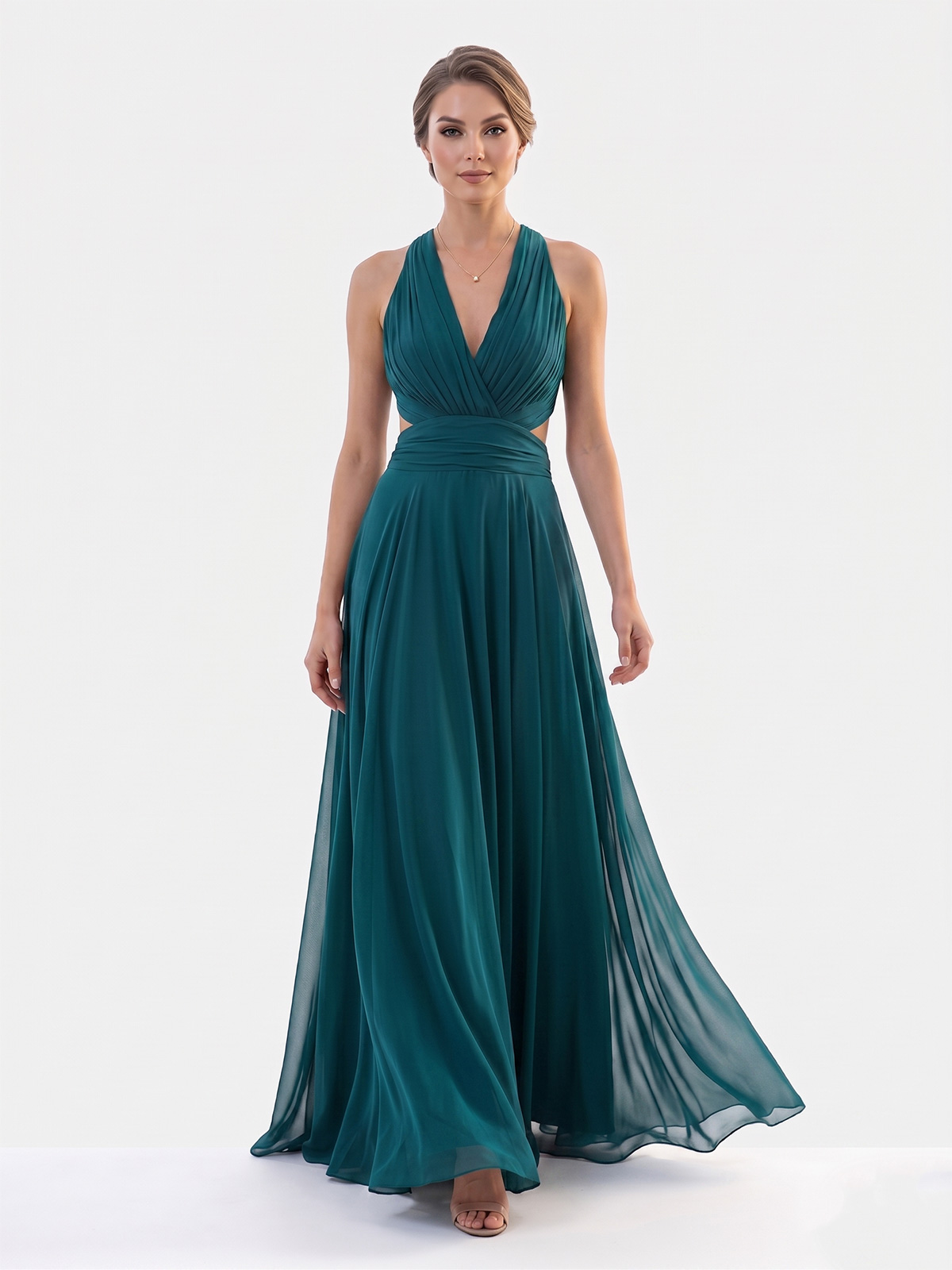 Abito Lungo da Cerimonia in Chiffon con Collo all'Americana 7007-6F