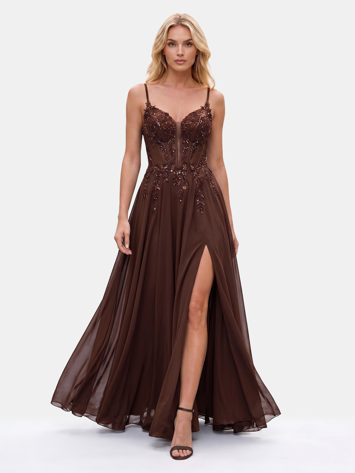 Abito Lungo Elegante in Chiffon con Corpetto Lavorato 26015F