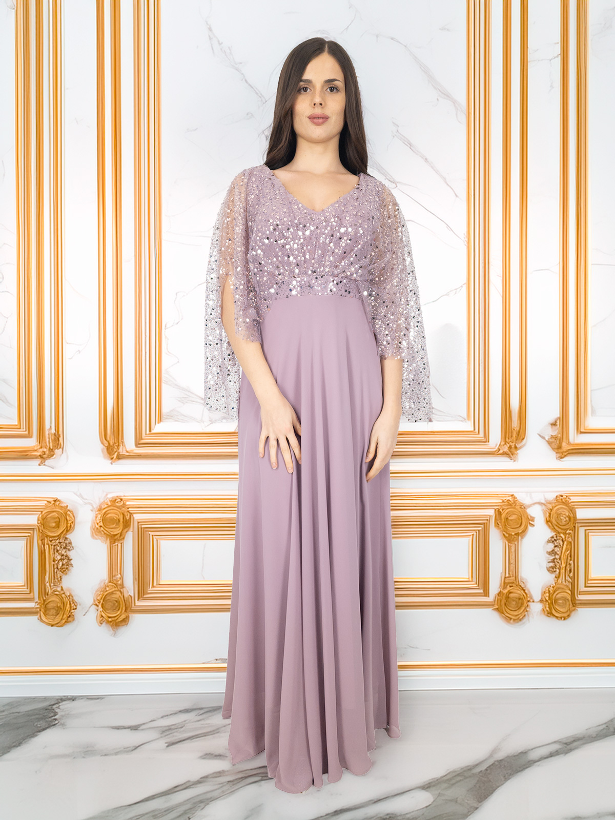 Long empire-waist chiffon formal dress