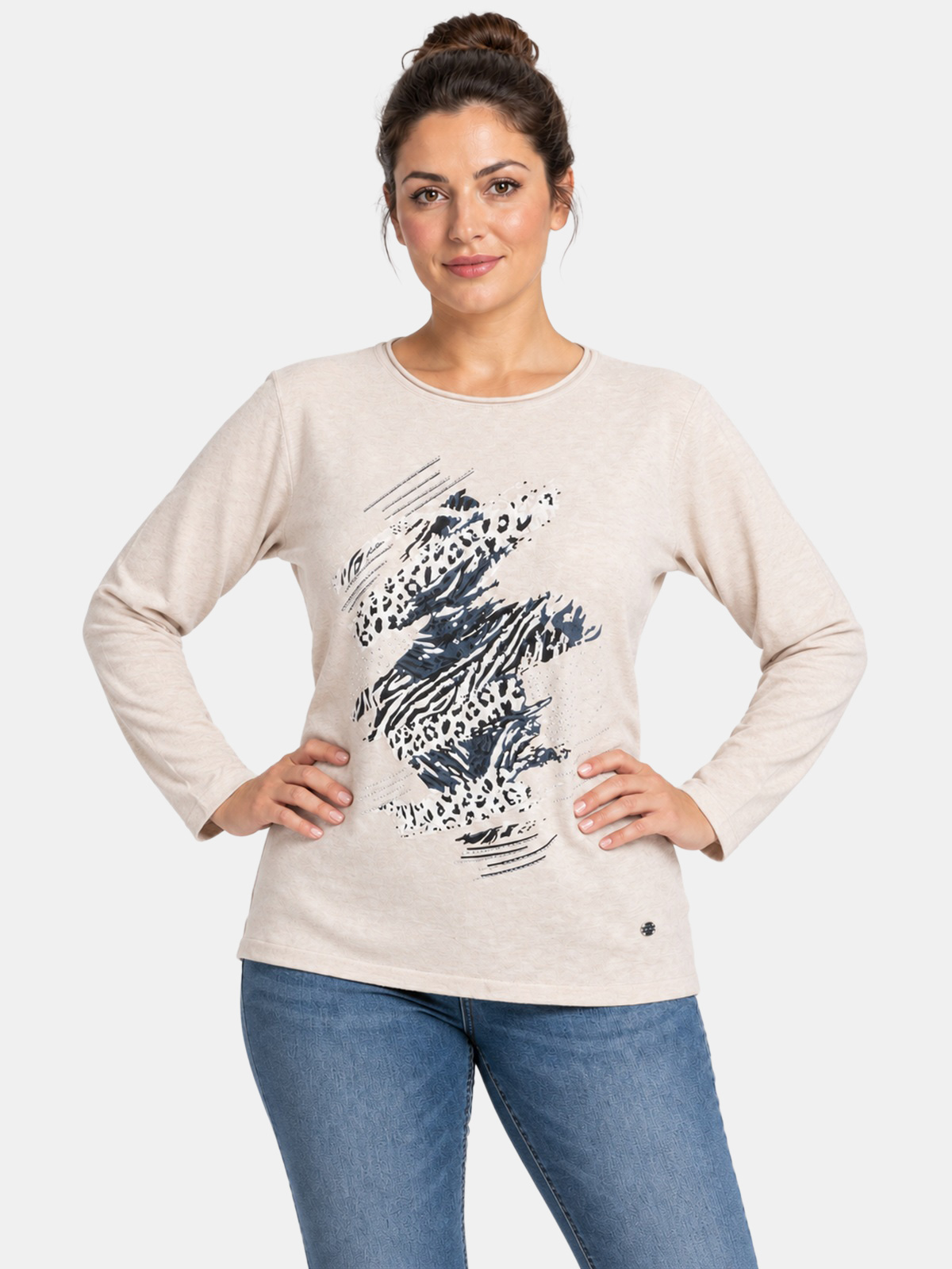 Maglia a girocollo con stampa maculata e strass