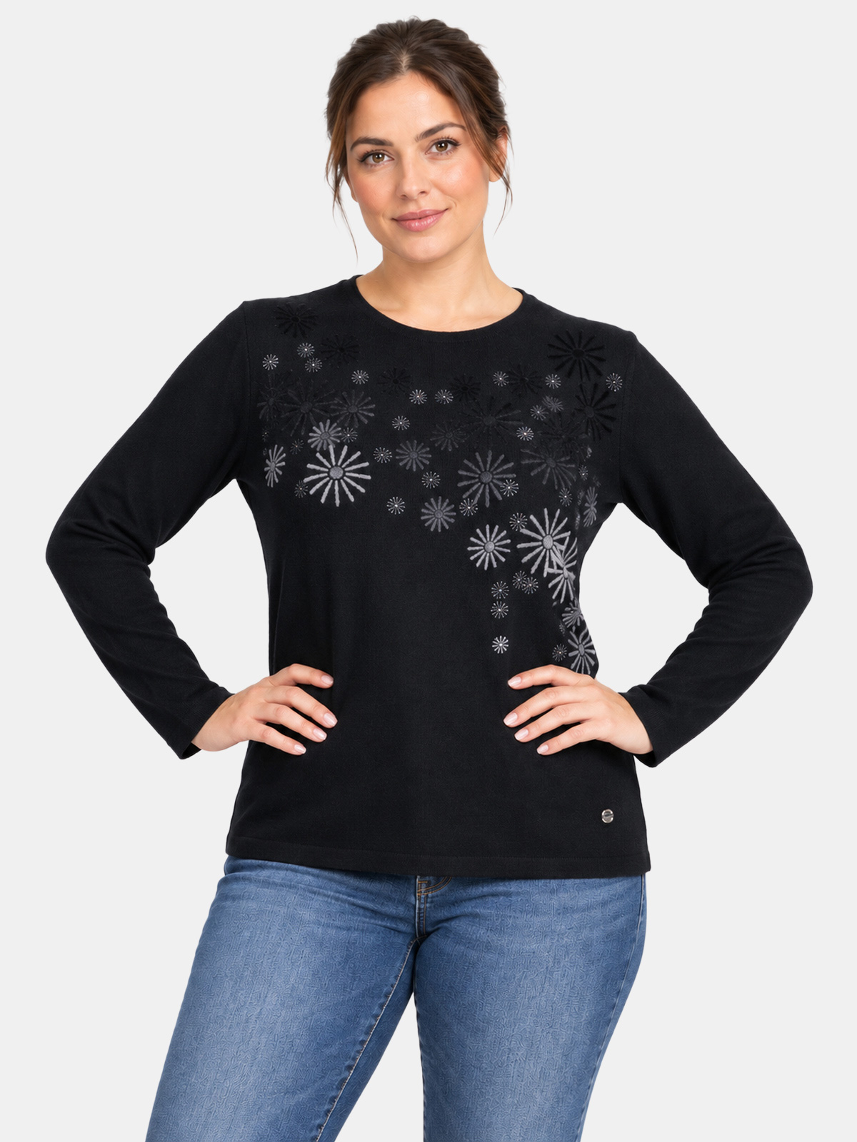 Maglia girocollo con decoro frontale in velluto e glitter