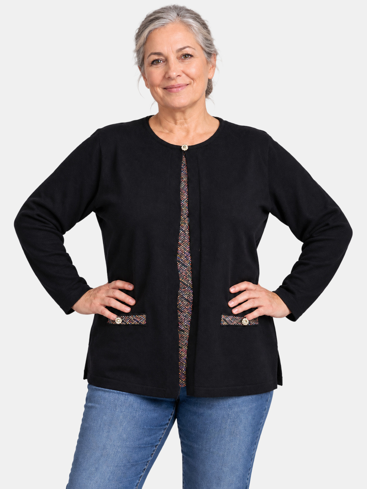 Oversized Viscose Top with Lurex Detail and Jeweled Faux Pockets