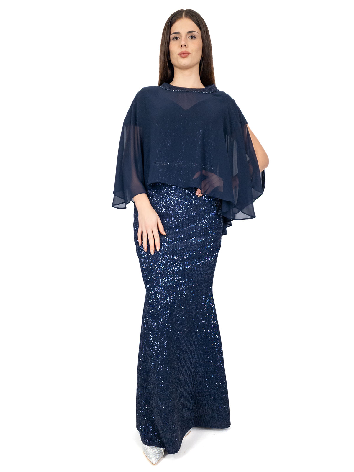 Vestito da cerimonia elegante lungo con paillettes e mantella staccata