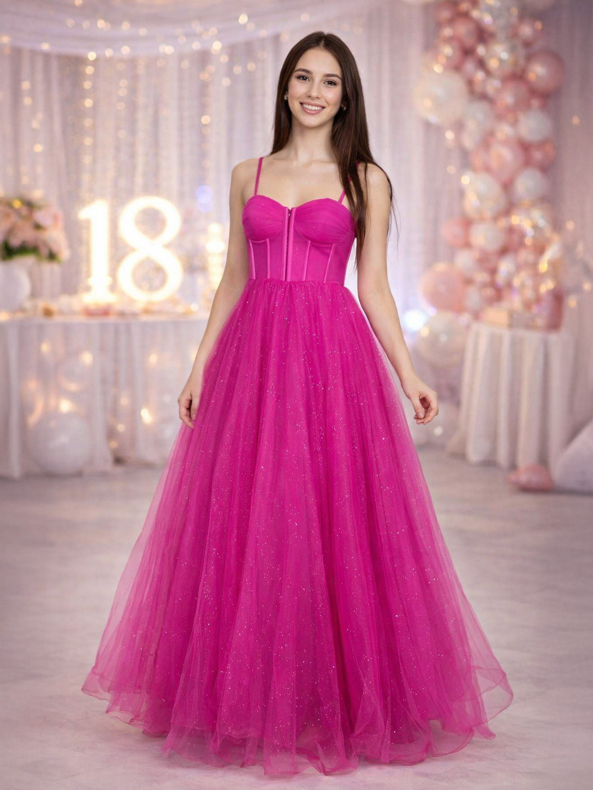 Abito Principessa Lungo in Tulle Glitterato per Festa di 18 Anni