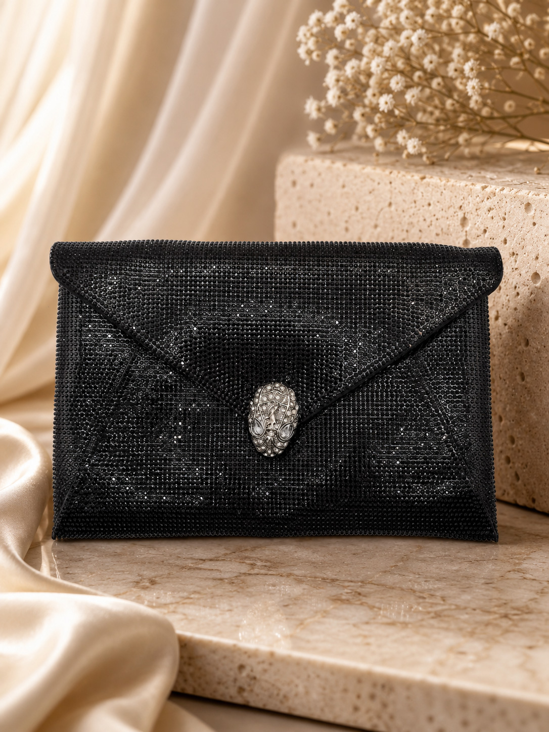 Black Ceremony Clutch with Rhinestones and Jewel Closure