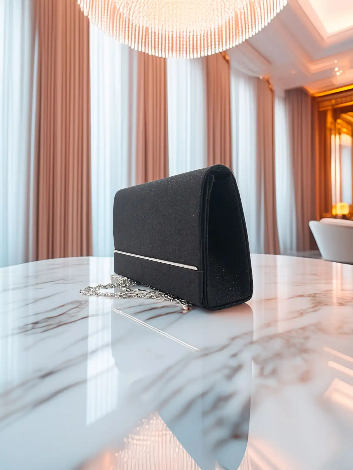 Black Glittered Clutch Bag with Shoulder Strap – Elegant and Compact