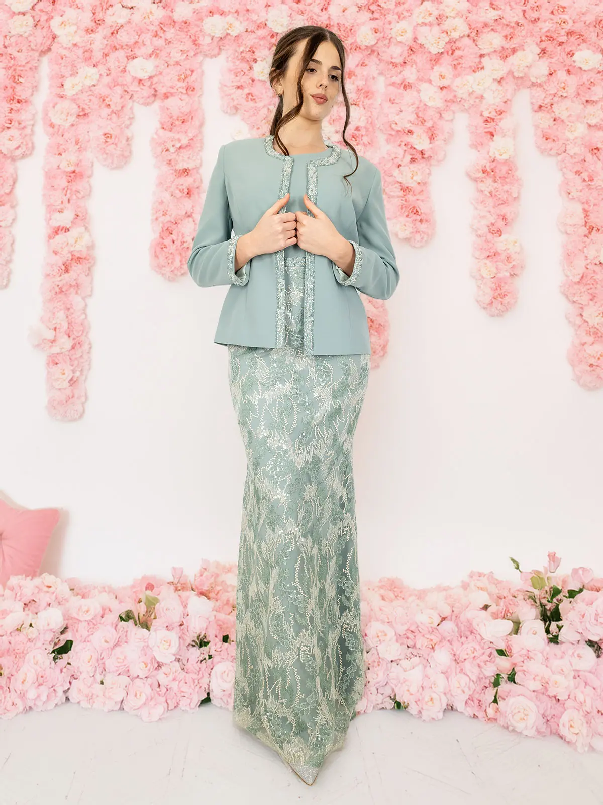 Abito lungo da cerimonia a sirena con giacca