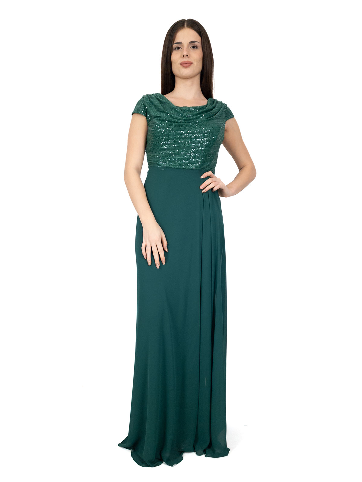 Abito Lungo da Cerimonia con Paillettes e Gonna in Chiffon