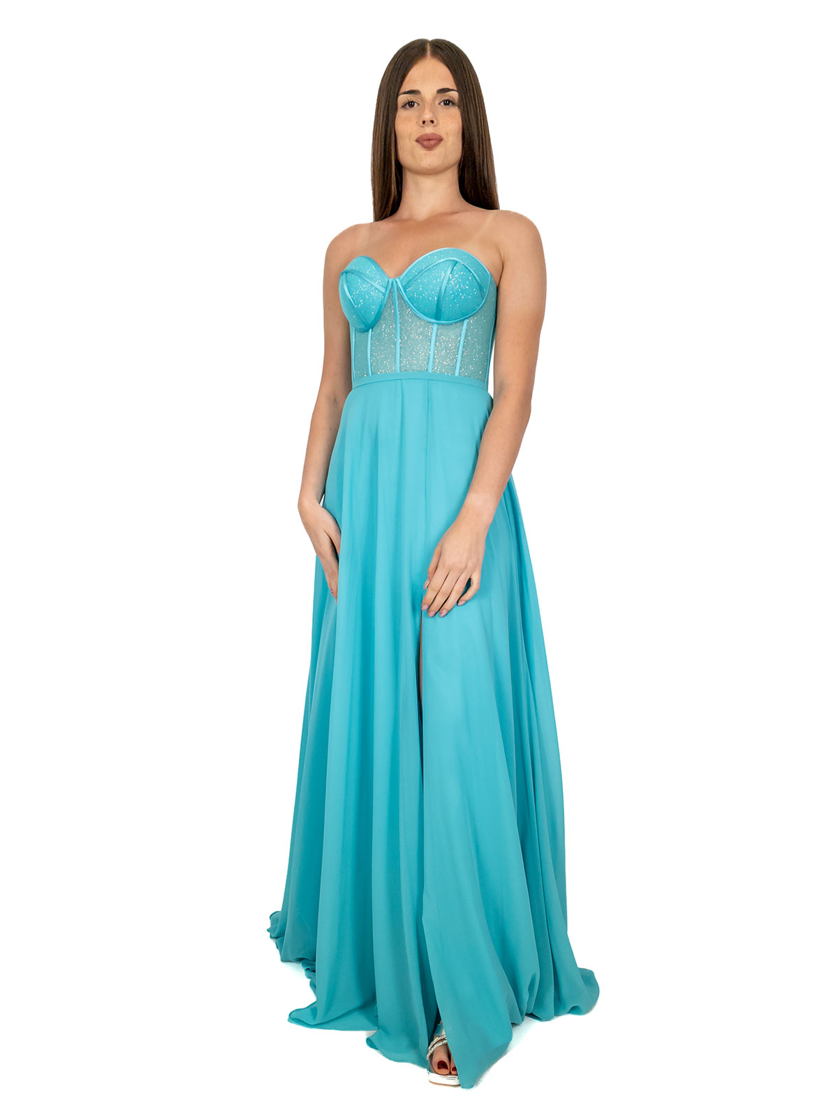 Abito lungo cerimonia elegante con corpetto a corsetto glitterato