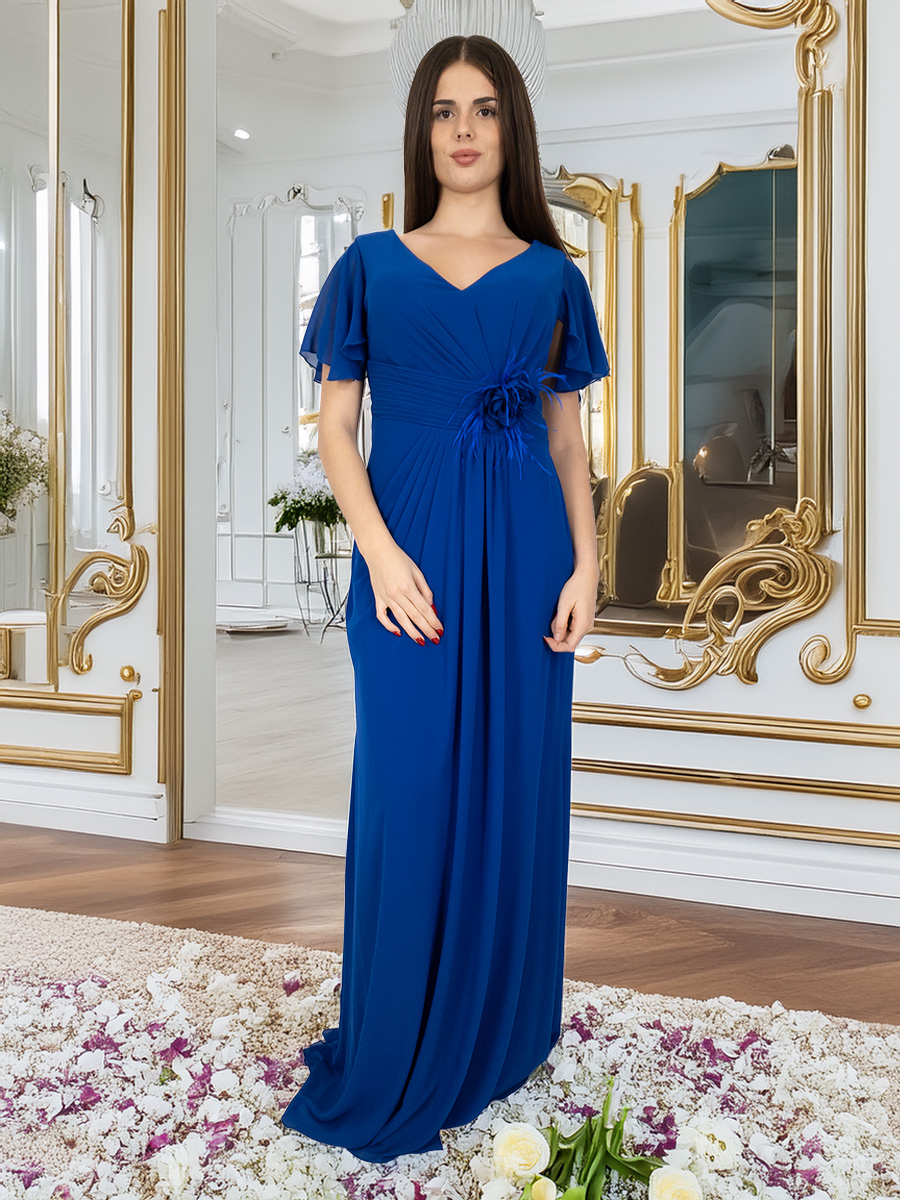 Empire Style Long Evening Dress with Flower at the Waist