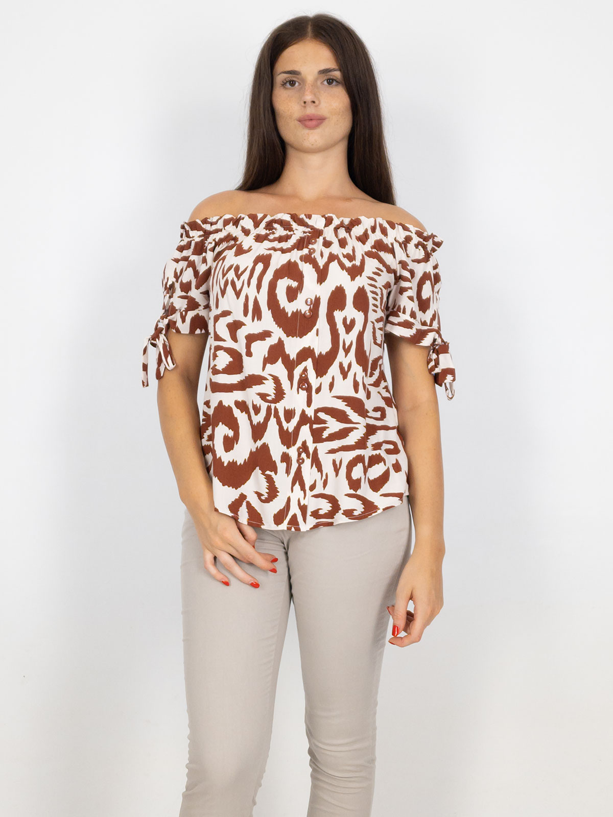 Blusa Spalle Scoperte A Fantasia Donna Maniche Corte In Viscosa