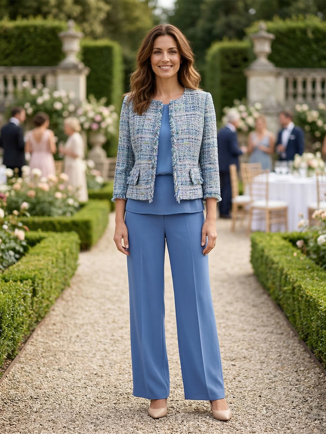 Completo Cerimonia Tre Pezzi con Giacca Bouclé e Pantalone Chiffon