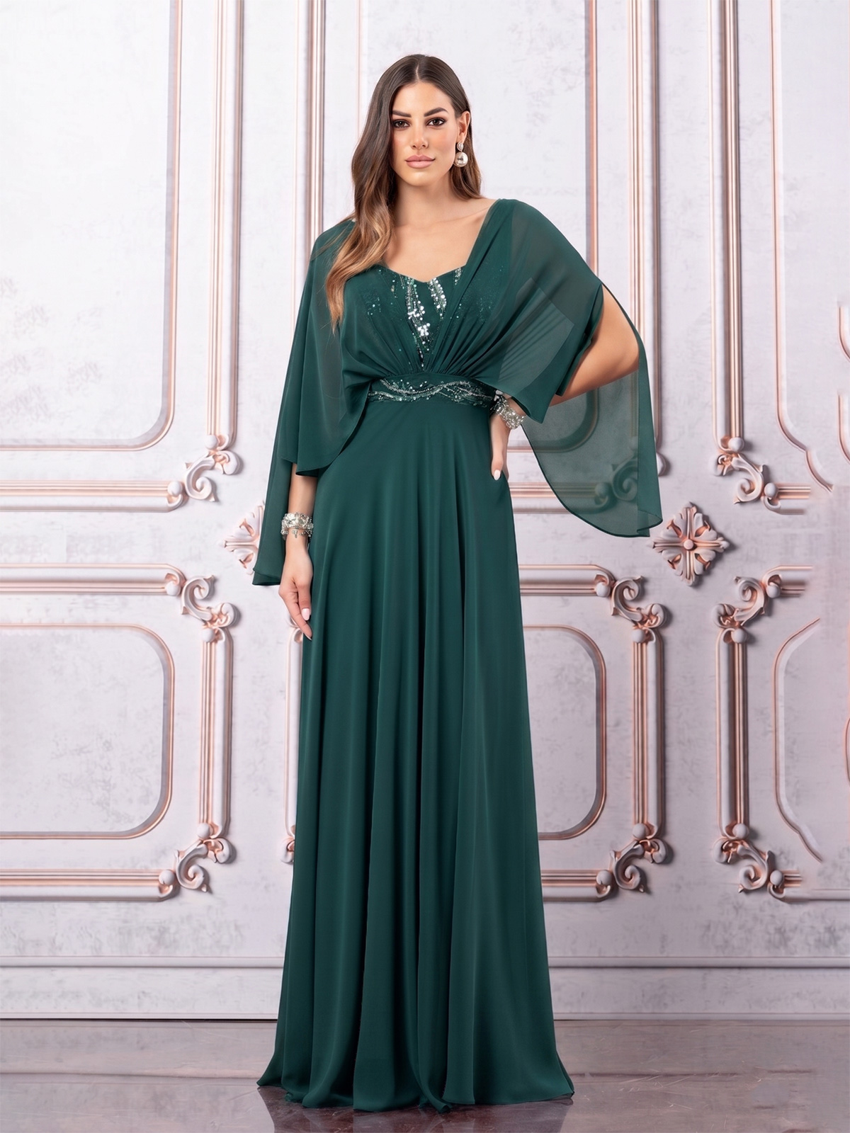 Long Chiffon Evening Gown with Shimmering Details 35466