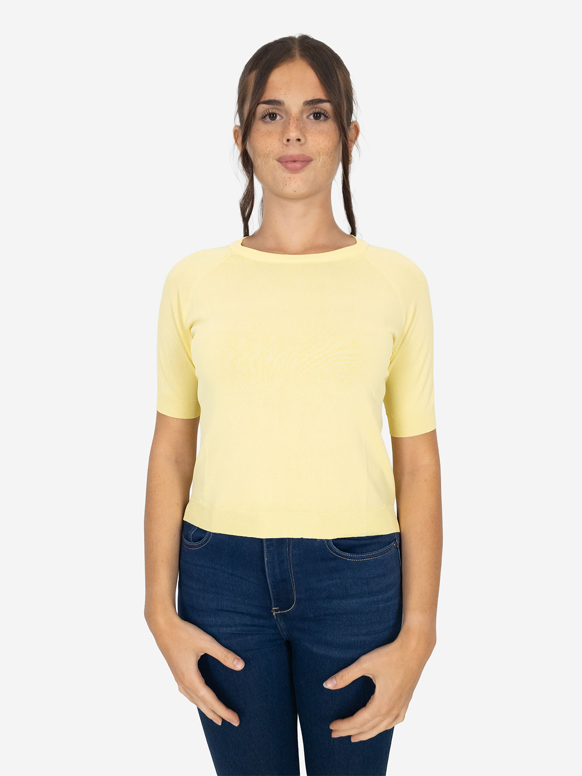 Maglia donna girocollo slim fit manica corta con spacchetti laterali