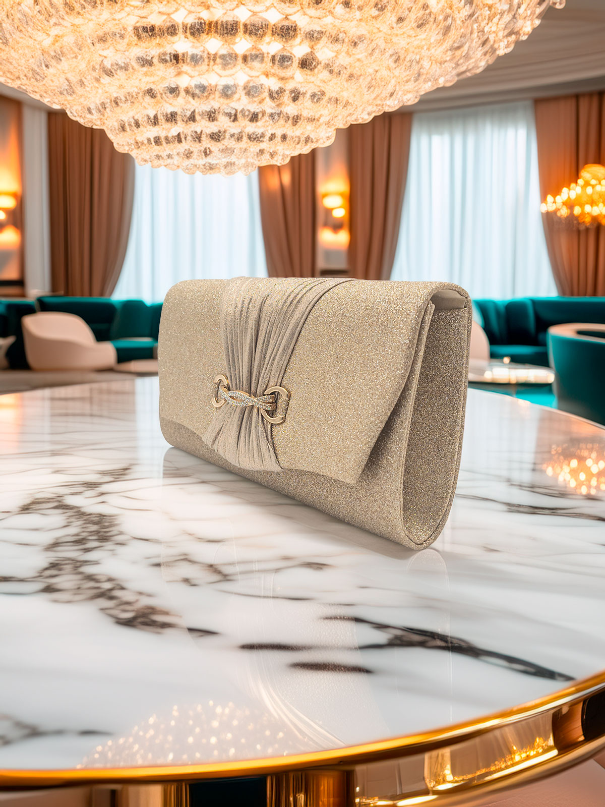 Pochette da Cerimonia Oro Glitterata con Catena Rimovibile – Elegante e Compatta