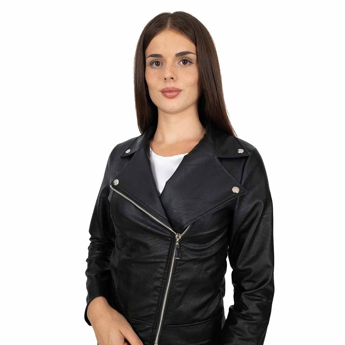 Giacca Donna In Pelle Sintetica Con Cerniera – Primavera/Autunno – Nero – Taglie UE Dalla XS Alla XXXL