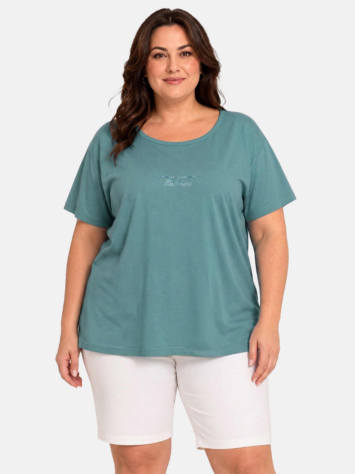Curvy Cotton T-Shirt with Rhinestones Made in Italy