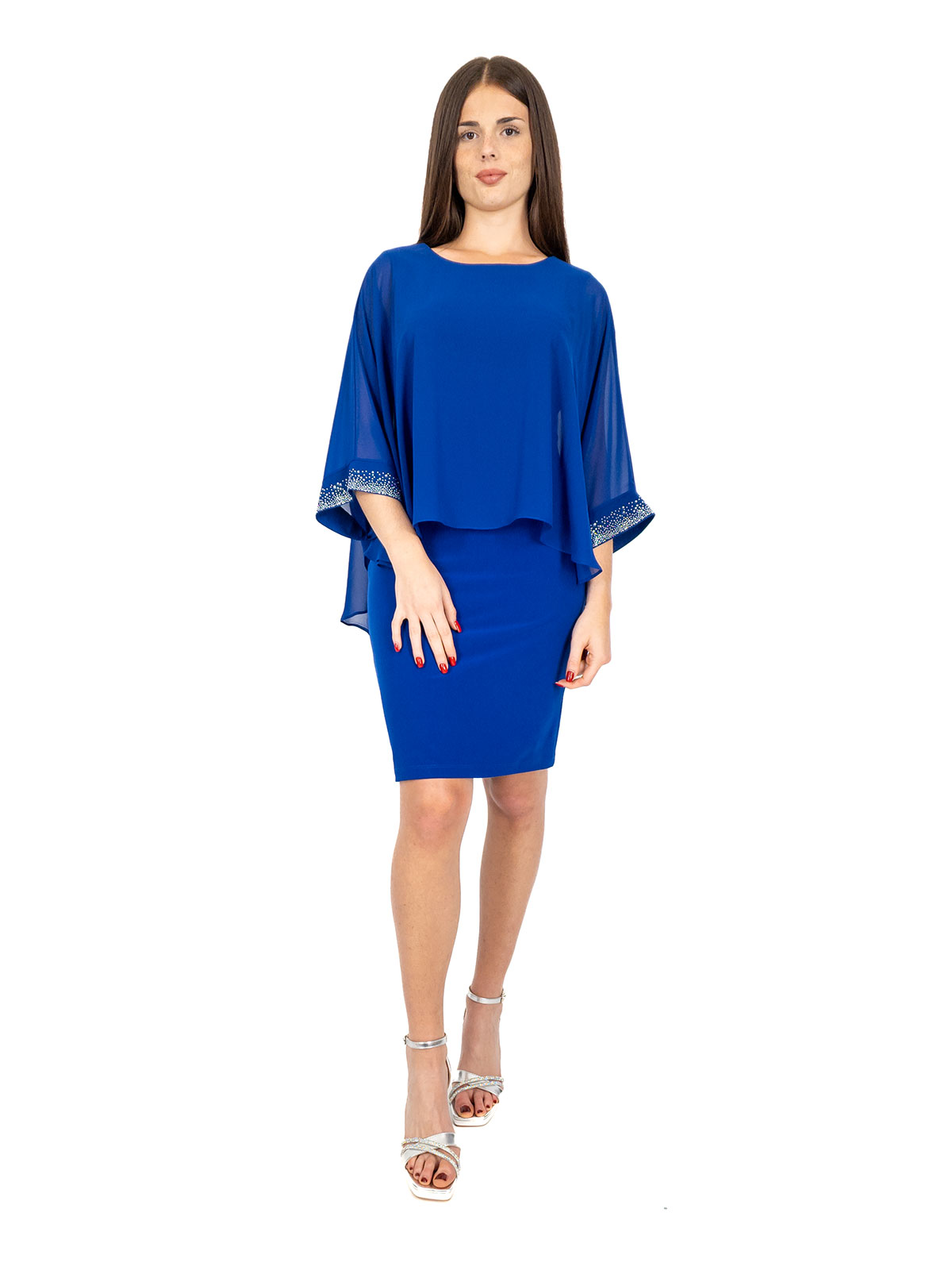 Abito elegante donna da cerimonia corto a tubino con mantella e