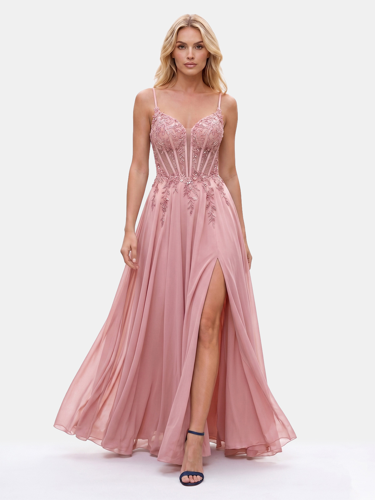 Abito Lungo Elegante in Chiffon con Corpetto Lavorato 26015F