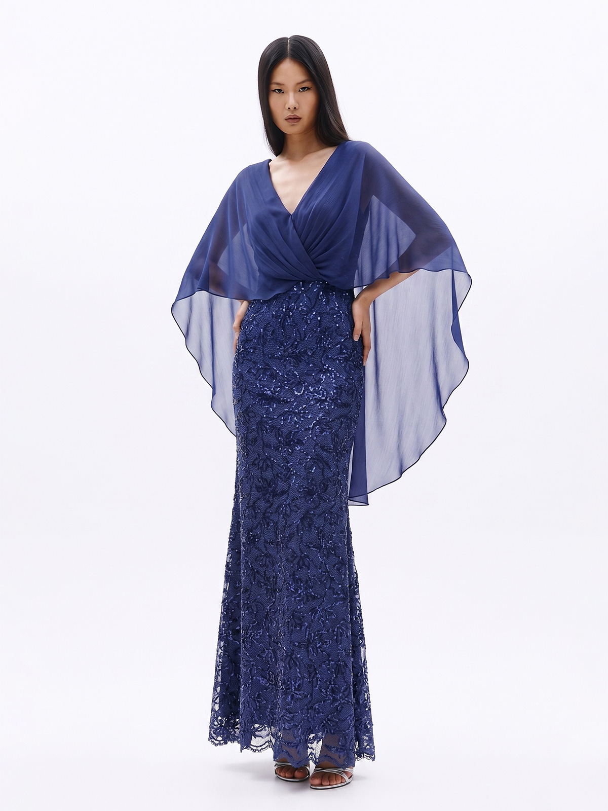 ALLURE Long Formal Gown with Cape and Sequins Mother of the Bride A4793