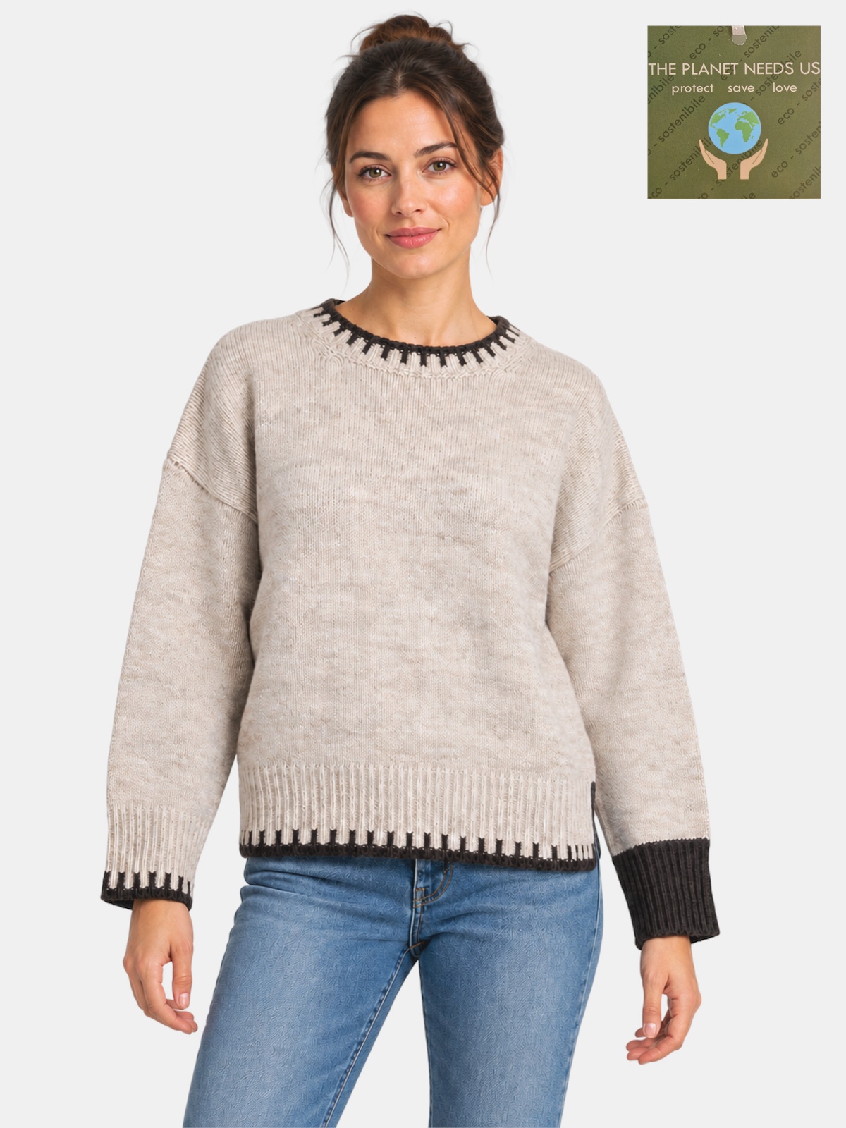 Maglia girocollo in misto lana con intarsi