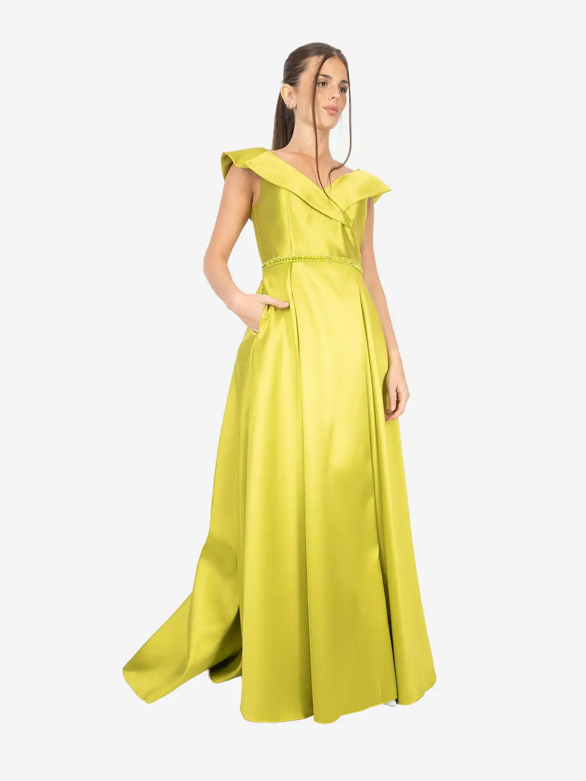 Abito Cerimonia Donna Lungo Mikado con Scollo Omerale e Stola