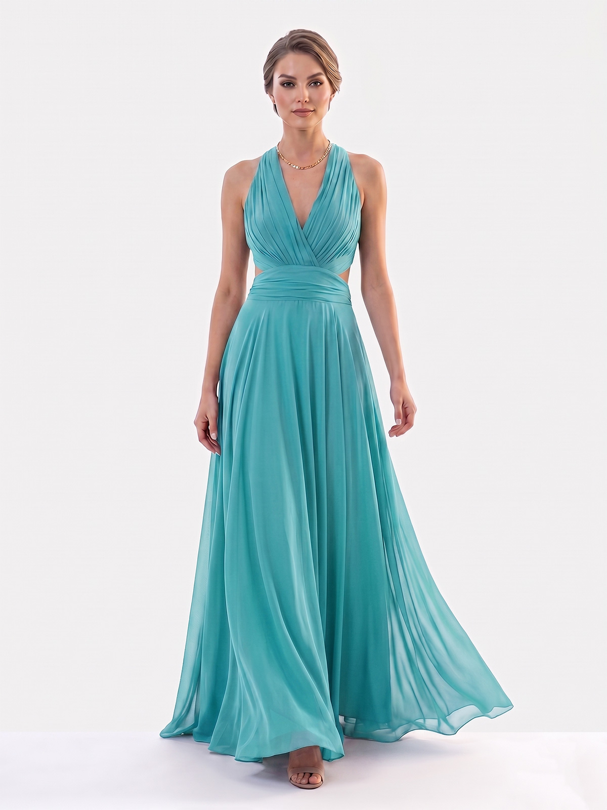 Abito Lungo da Cerimonia in Chiffon con Collo all'Americana 7007-6F
