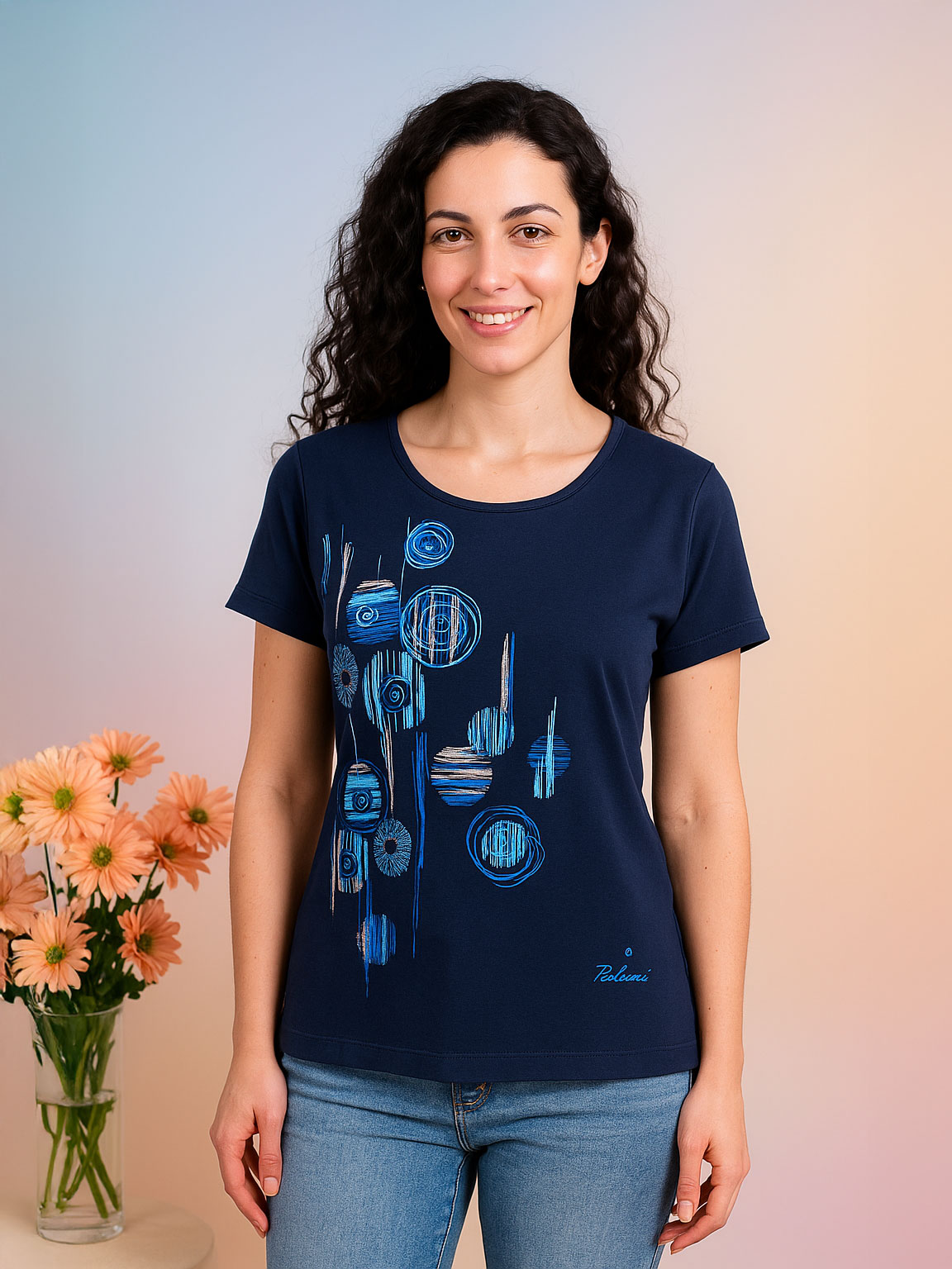T-shirt donna in cotone con stampa a cerchi e dettagli brillanti