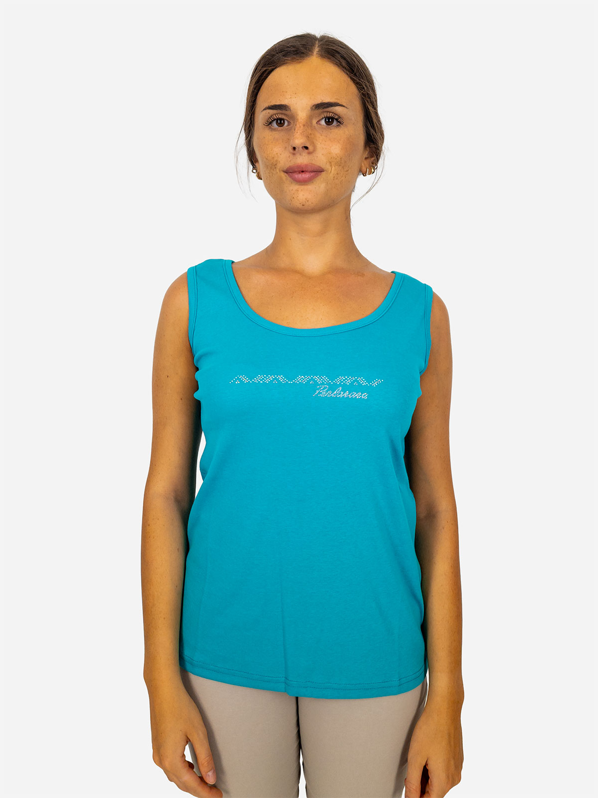 Women's cotton tank top with Perlarara logo and rhinestones