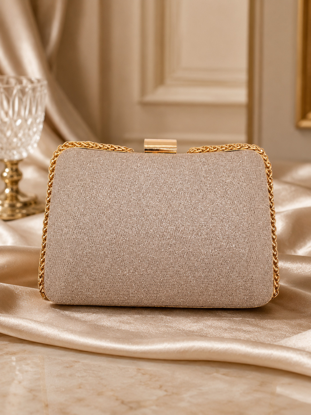 Pochette Rigida Oro Glitterata da Cerimonia con Doppia Catenella