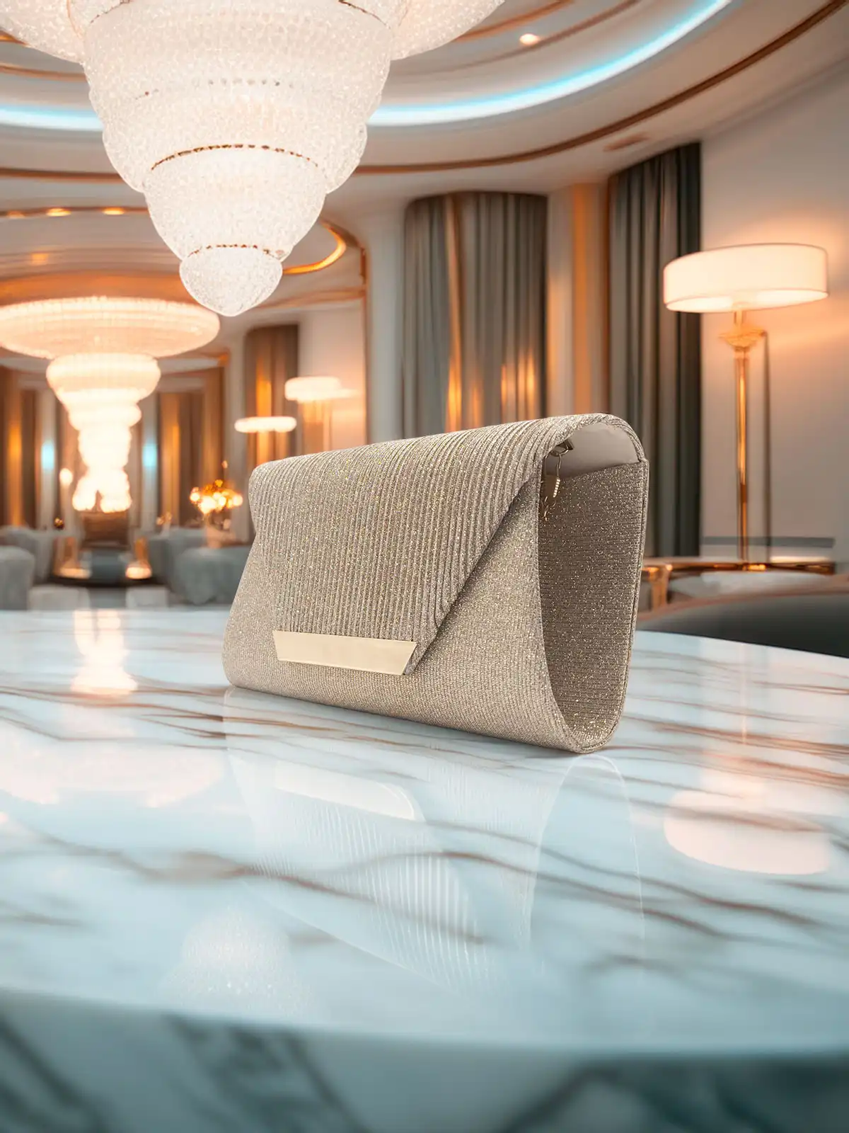 Pochette oro glitterata elegante con tracolla rimovibile