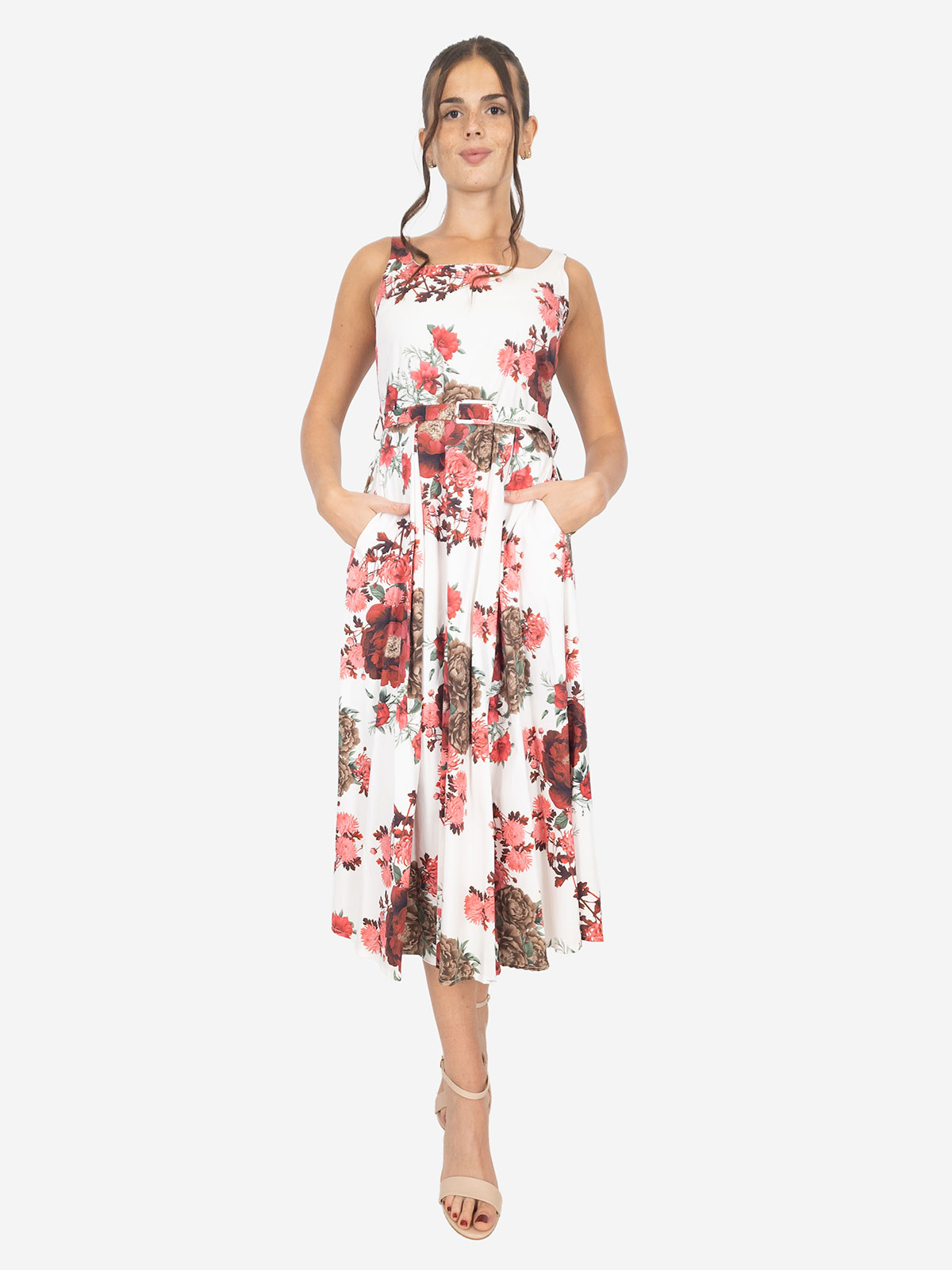 Flared Floral Dress with Belt Made in Italy