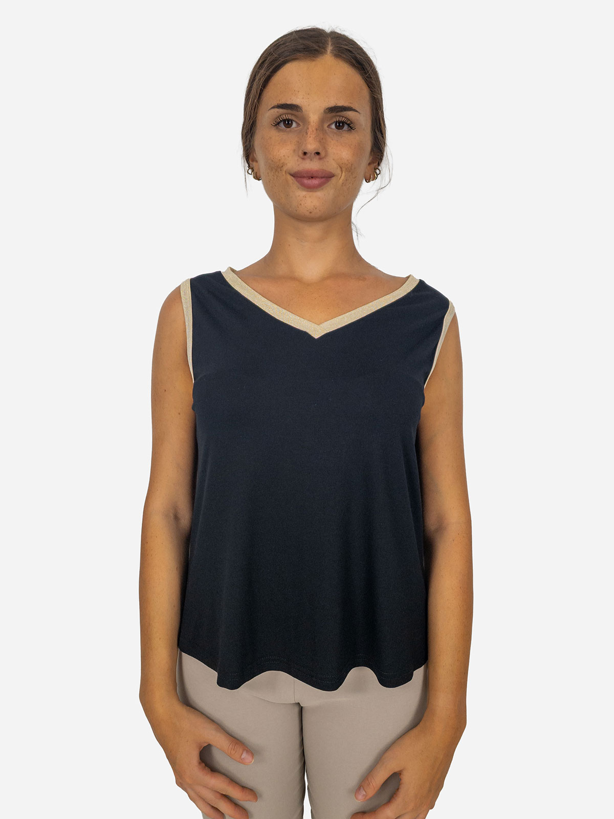 Casual flared tank top with gold glitter trims in stretch viscose
