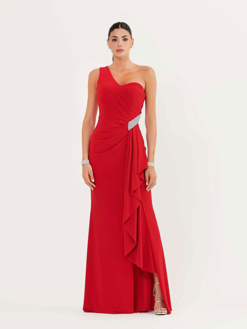 Vestito da Cerimonia Donna Elegante Monospalla con Spacco e Strass