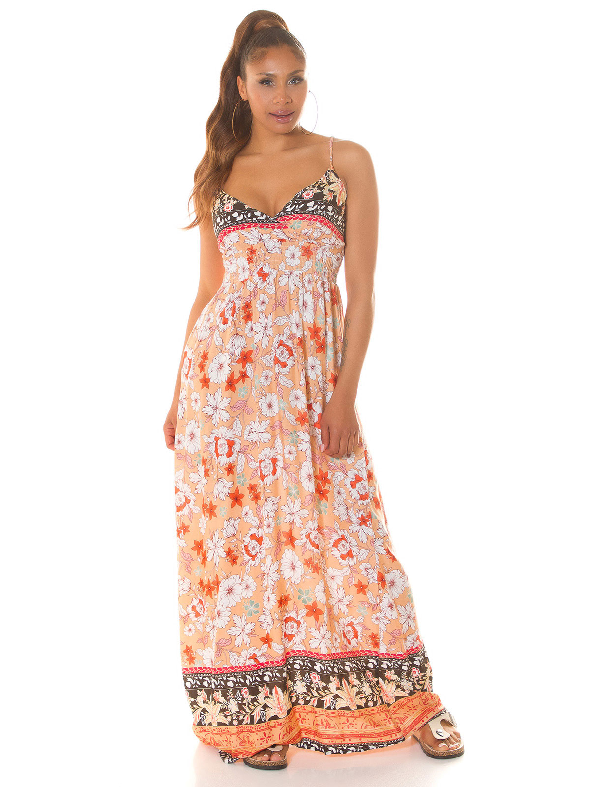 Long Summer Dress Boho Style in Viscose with V-Neck and Adjustable Straps
