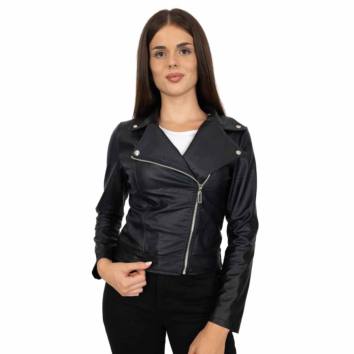 Giacca Ecopelle Donna Stile Corto Zip Laterale Slim Fit Chiodo