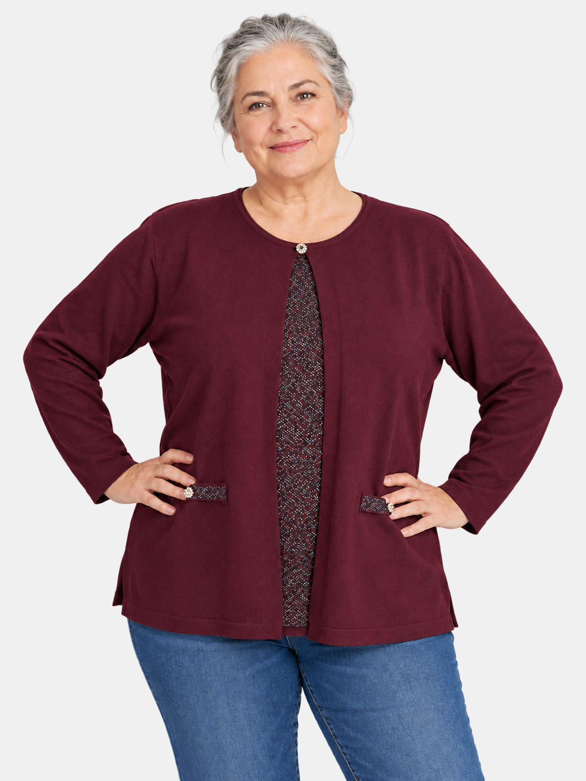 Oversized Viscose Top with Lurex Detail and Jeweled Faux Pockets