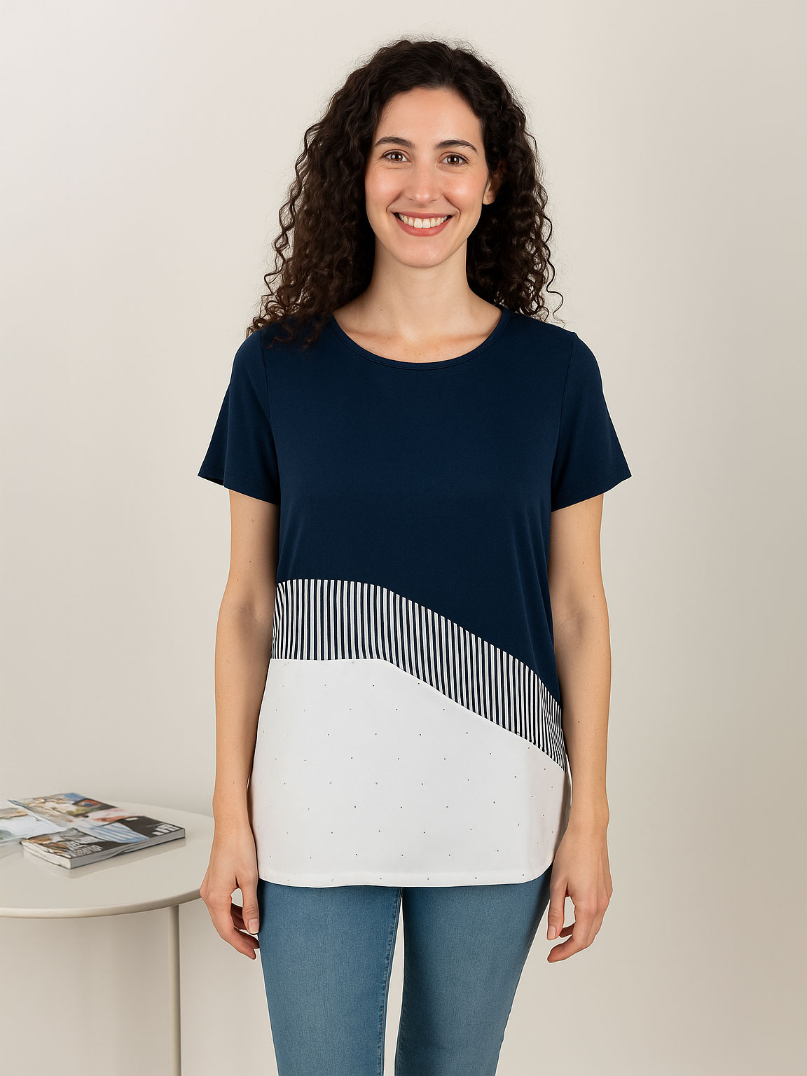 Maglia estiva donna blu con strass e dettagli a righe - MA144363