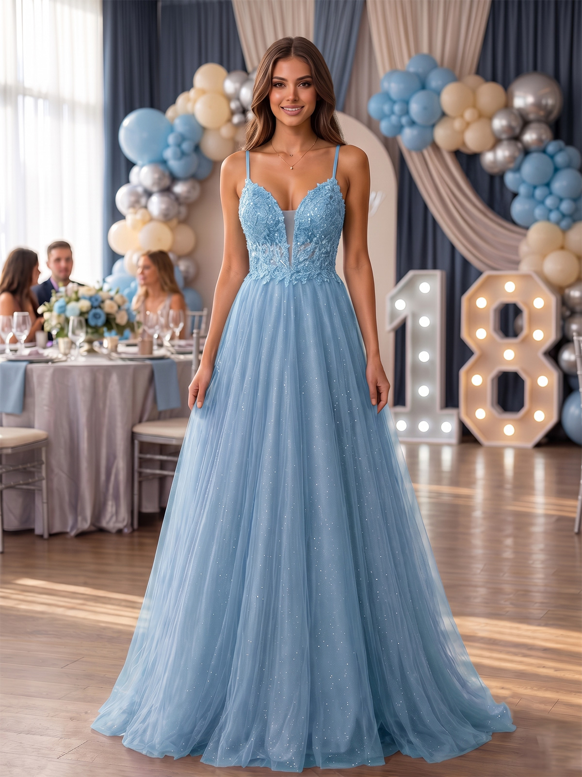 Abito Lungo da Principessa in Tulle Glitterato con Spacco