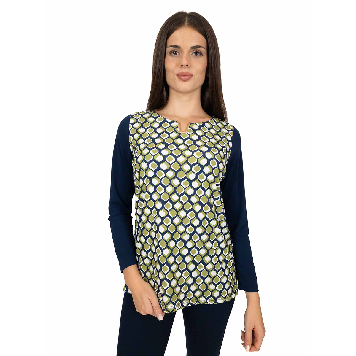 Blusa Donna Elegante Maniche Lunghe Fantasia Frontale Made in Italy