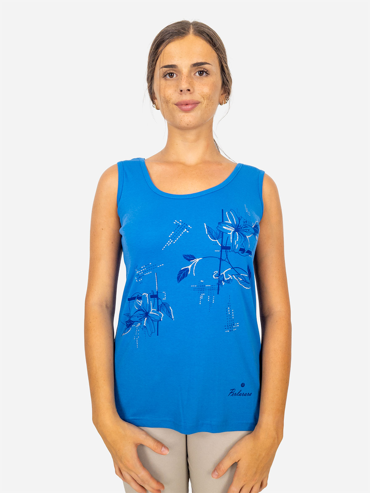 Women’s cotton tank top Perlarara with floral print and glitter Made in Italy